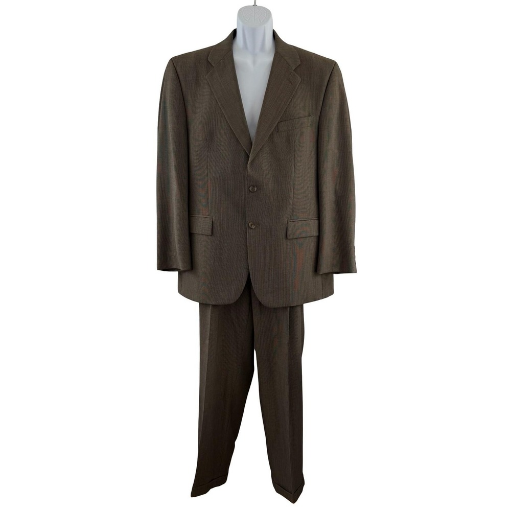 Chaps Ralph Lauren 2 Piece Suit Mens 46 Brown Check Wool 34x31 Pants Business